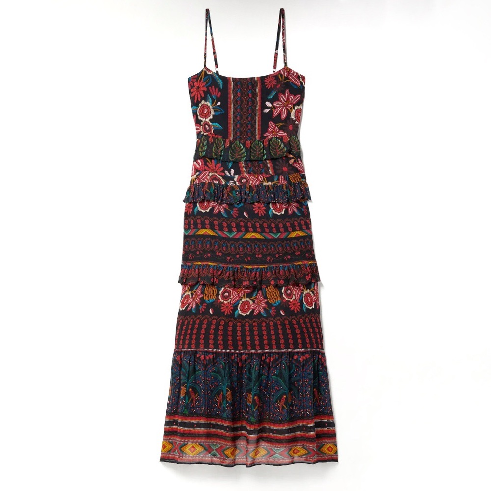 Farm Rio Maxi Spaghetti Strap Boho Dark Fairy Dress Ruffles in Fruit Paradise XS